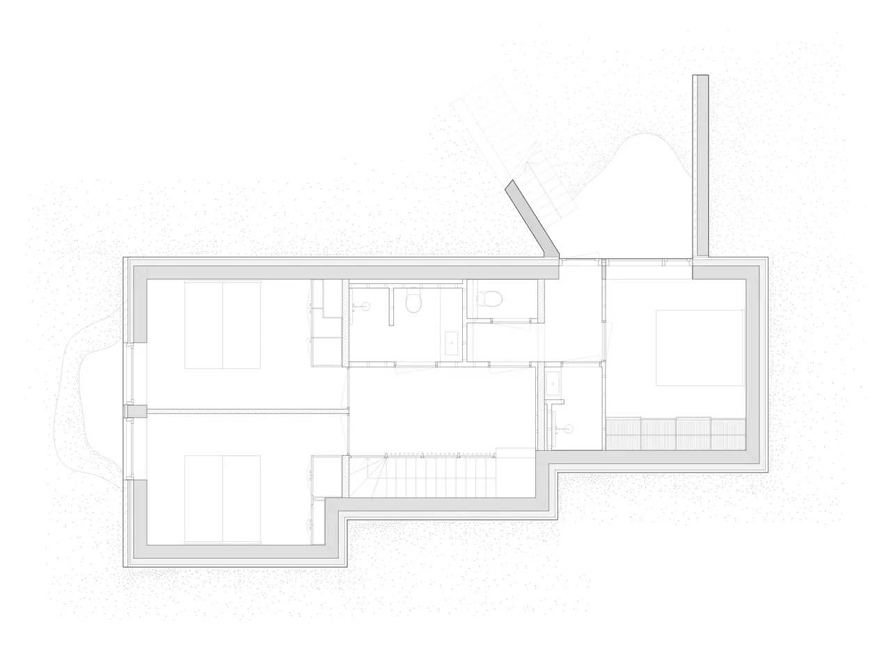 Plattegrond souterrain met drie slaapkamers.