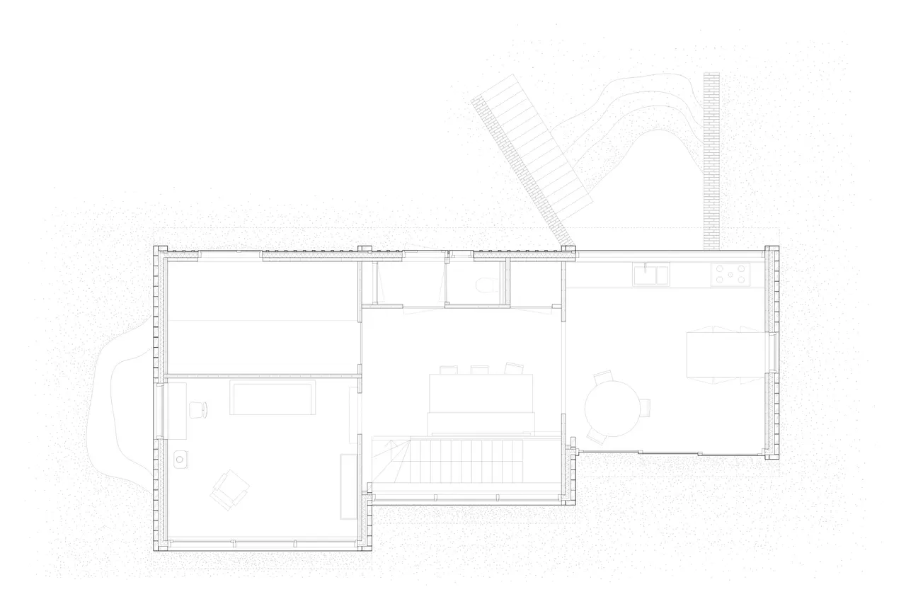 Plattegrond begane grond: drie verspringende traveeën met zitkamer, eetkamer en woonkeuken.