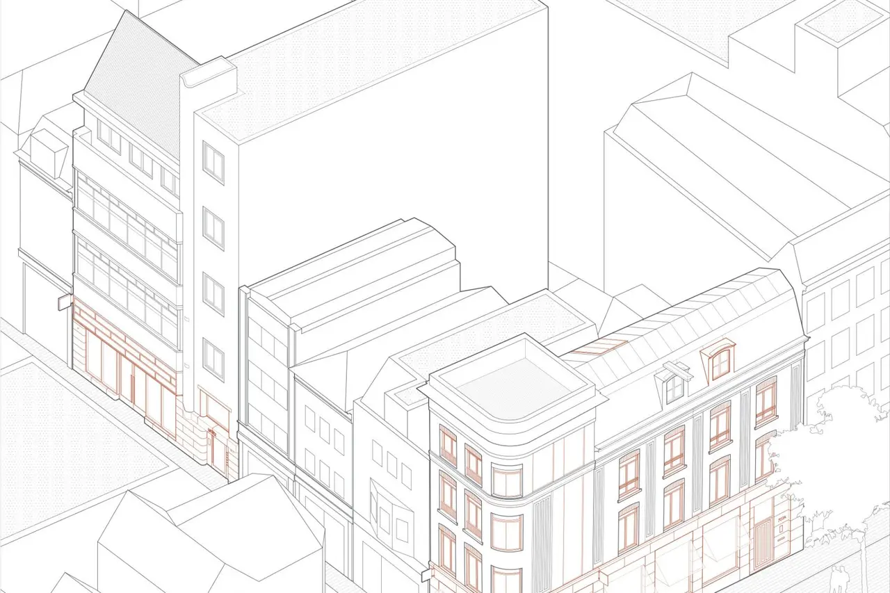 Isometrische lijntekening van de Leidsestraat met Leidsestraat 67-71 en het hoekpand Leidsestraat 79 / Prinsengracht 707A; de ingrepen zijn terracotta aangezet.