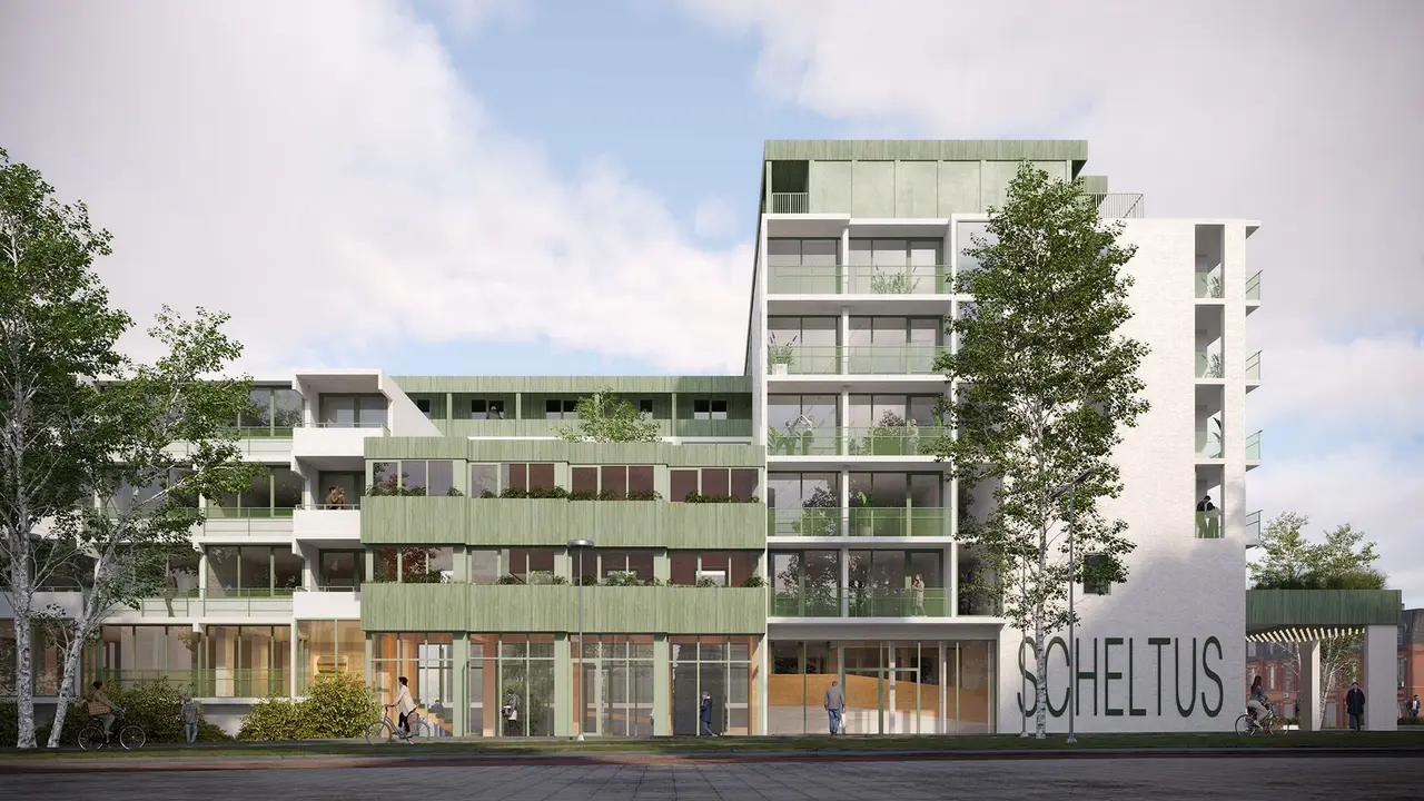 Verbeelding van de getransformeerde Otto Scheltusflat in Amersfoort. Beeld: Studio Prospettica